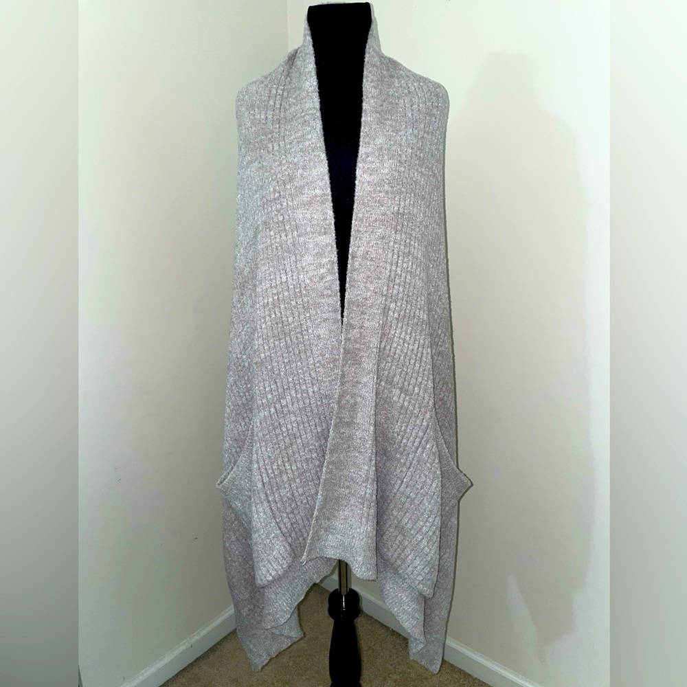 Soft light grey shawl from Maxfield Lux with pockets.